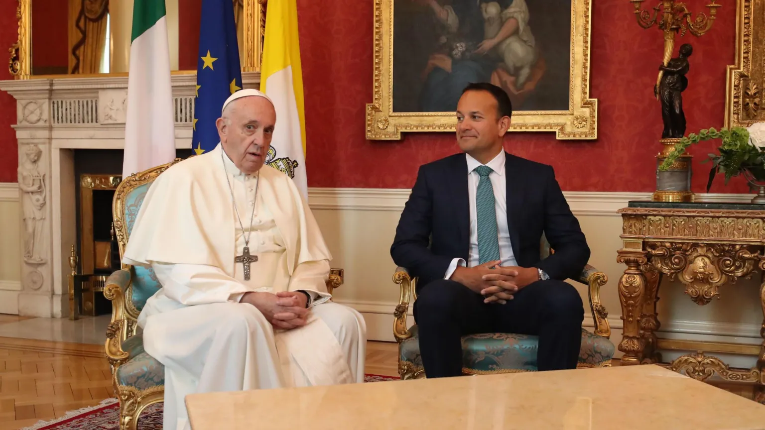  Pope Francis sitting beside former Taoiseach Leo Varadkar inside Dublin Castle. 