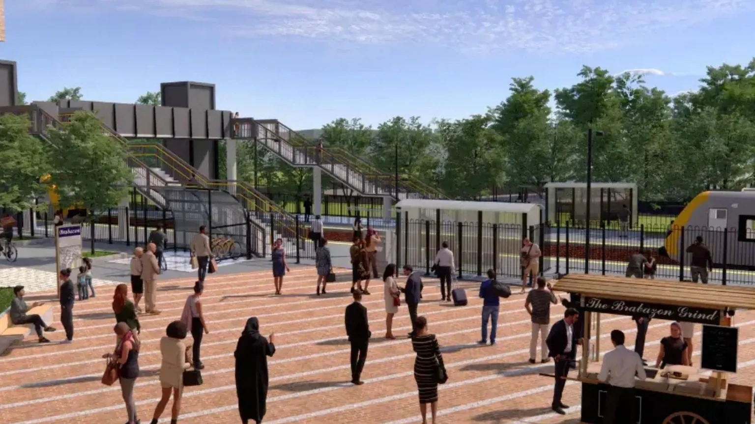 A CGI image of a train station with people walking towards it.