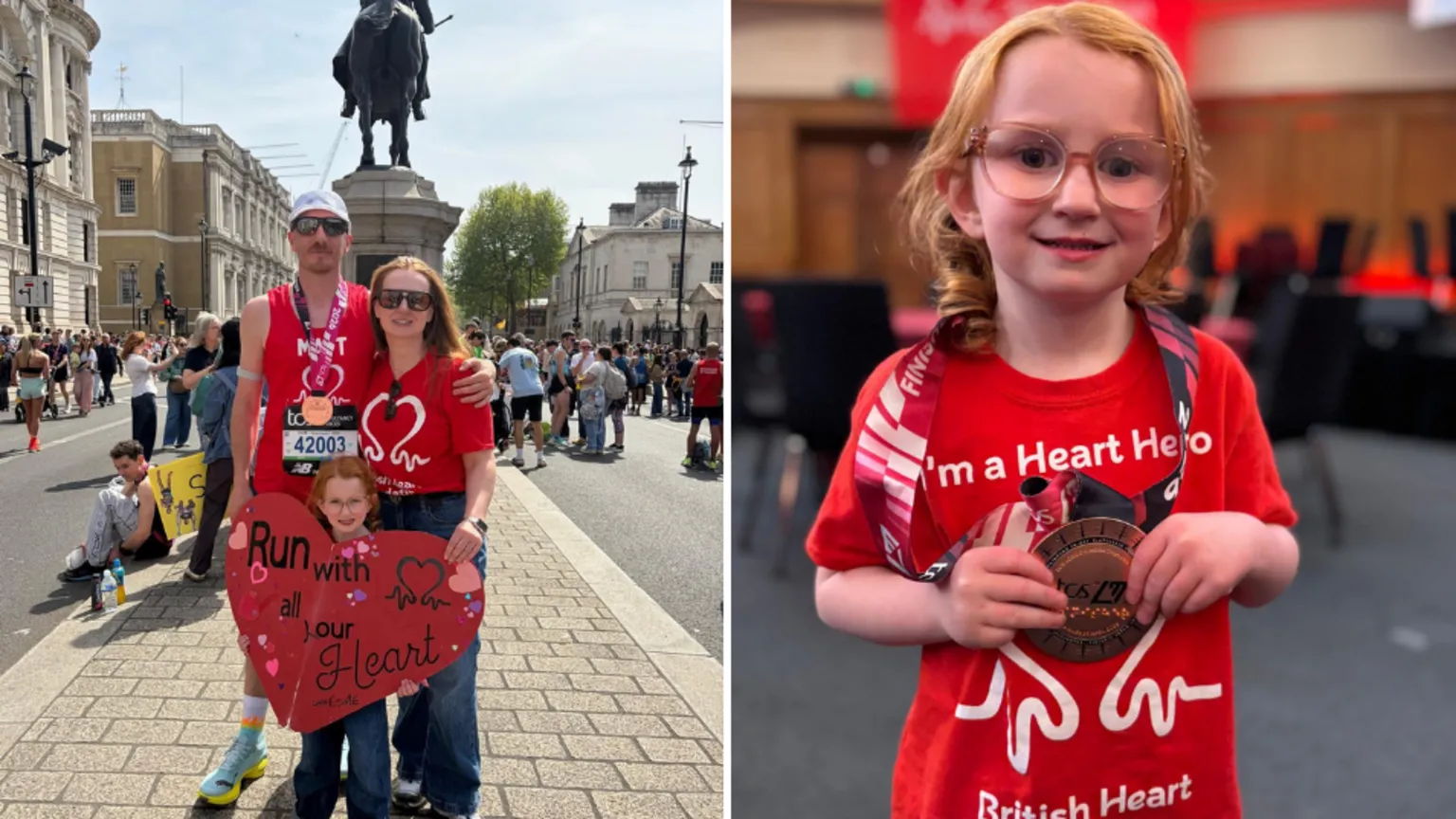 Emily Bowen Two pictures side by side. On the left is a man, a woman and a young girl all wearing British Heart Foundation red t shirt and looking at the camera. The man has a race bib pinned to him and a medal around his neck. The girl is holding a heart-shaped poster which reads