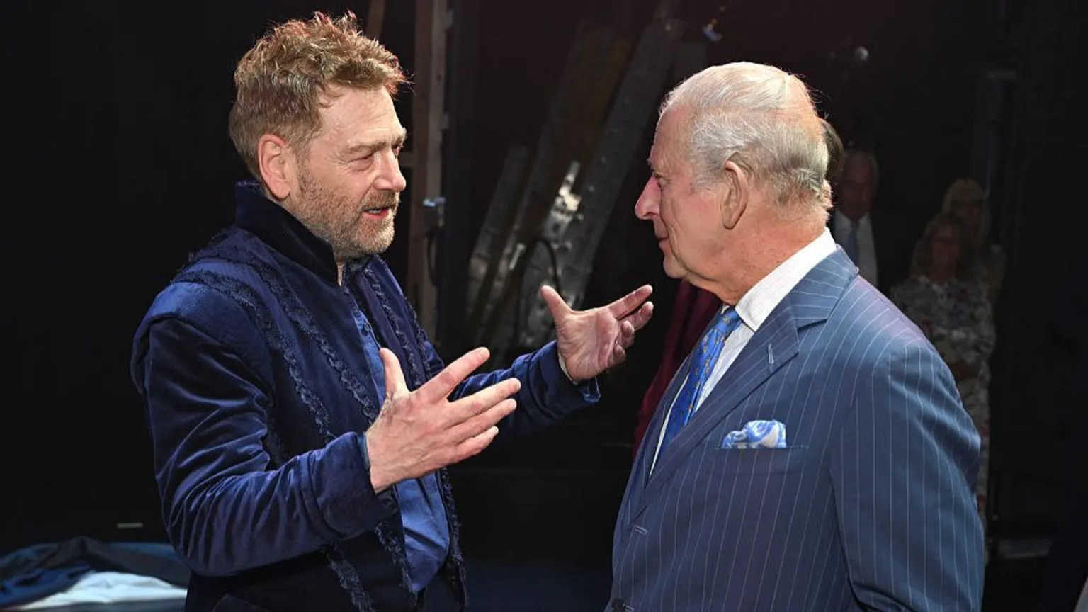 Jeff Spicer via King Charles III speaks with Sir Kenneth Branagh who played the role of Prospero after the Royal Shakespeare Company's performance of The Tempest