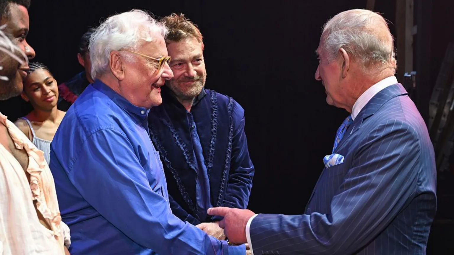Jeff Spicer via King Charles III greets director Sir Richard Eyre and Sir Kenneth Branagh after a performance of The Tempest at the Royal Shakespeare Theatre.