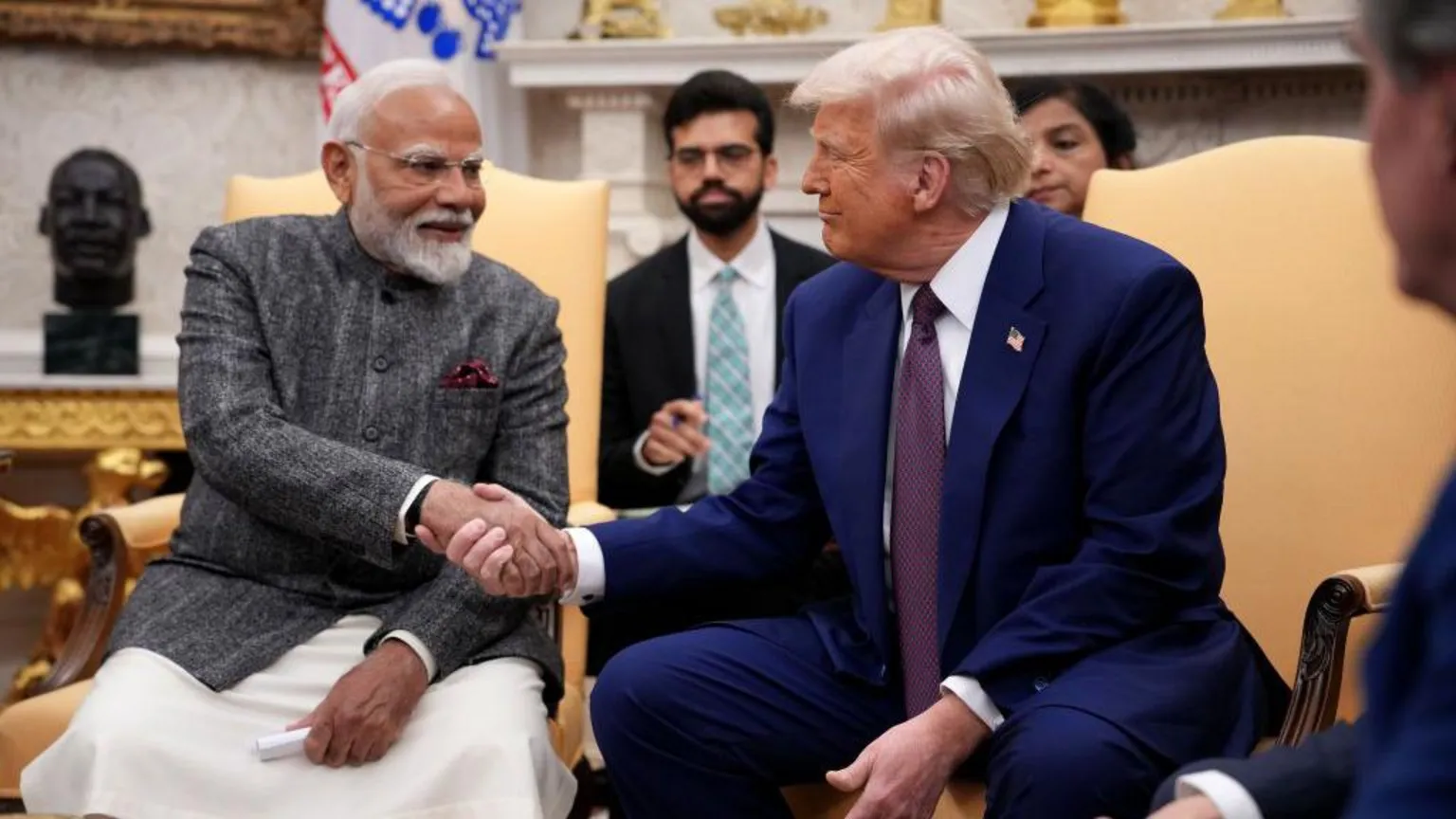 U.S. President Donald Trump and Indian Prime Minister Narendra Modi meet in the Oval Office at the White House on February 13, 2025 in Washington, DC