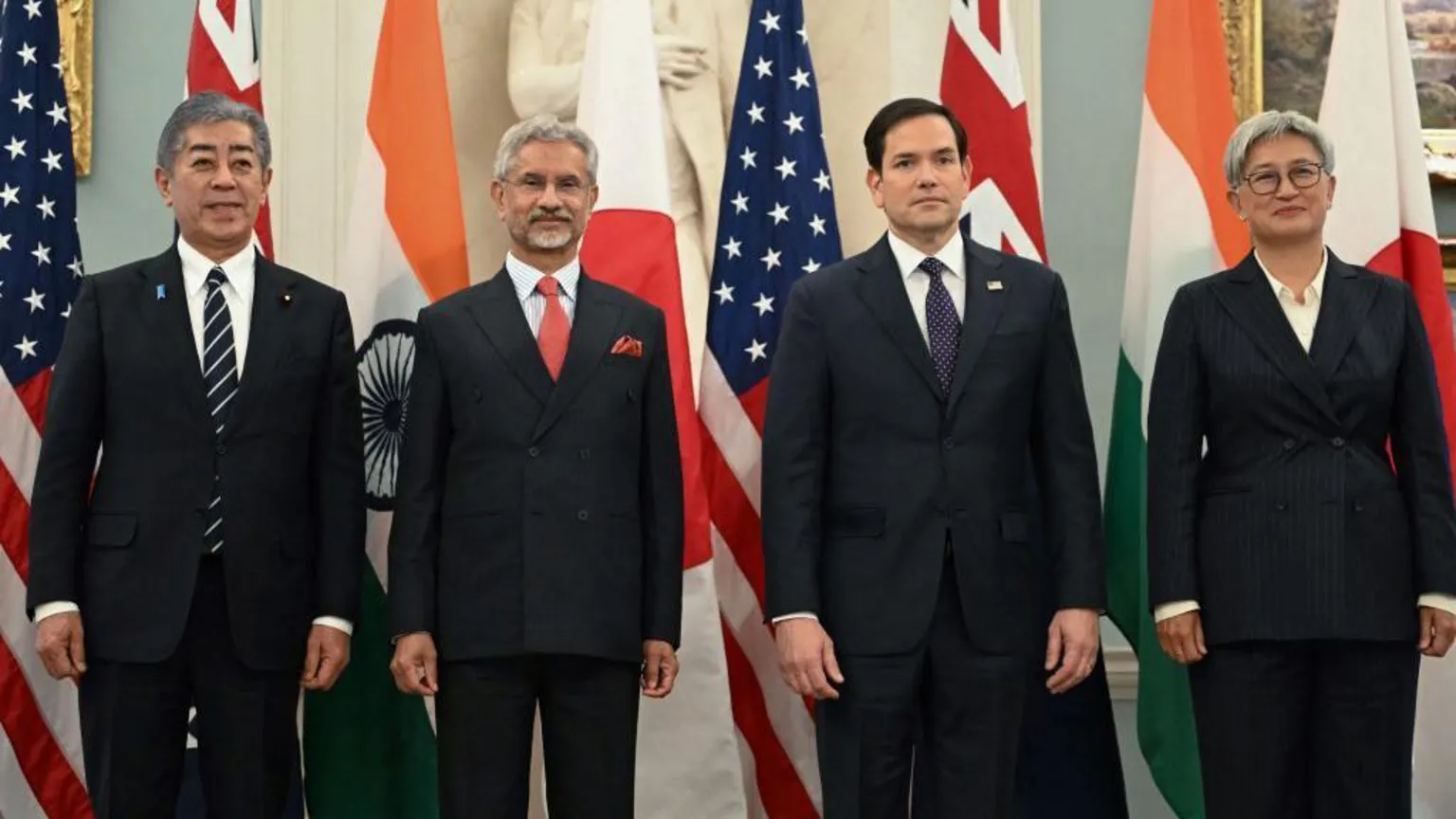 AFP via US Secretary of State Marco Rubio (2R) stands alongside Indo-Pacific Quad ministers, L-R, Japanese Foreign Minister Iwaya Takeshi, Indian Foreign Minister Subrahmanyam Jaishankar and Australian Foreign Minister Penny Wong, during a photo opportunity before meetings at the State Department in Washington, DC, on January 21, 2025.