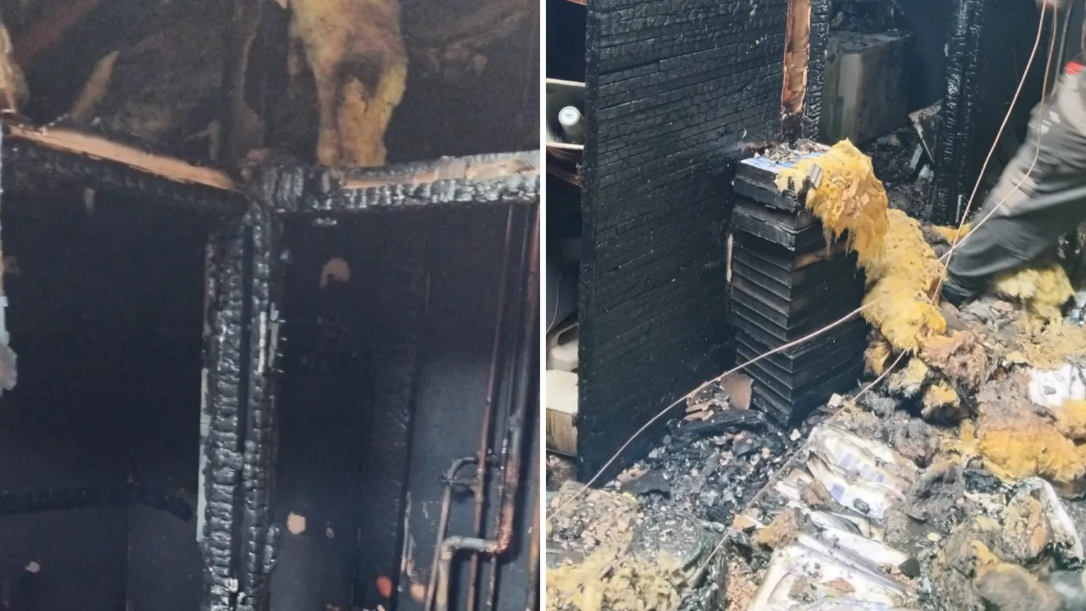 Tom Elliott Two images of fire damage to store rooms. Cupboards are charred black. Yellow ceiling insulation is on the floor.