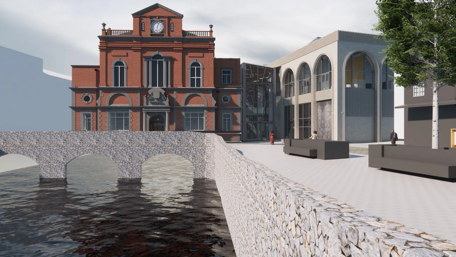 Newry, Mourne and Down Council A colour illustration of how the Newry theatre and conference centre will look following a major redevelopment. The old red-brick Victorian city hall remains standing intact over an arched stone bridge. To its right side, a large glazed atrium links the hall to a new grey/cream two-storey conference centre with three large arches at the front and at least two visible at the side. 