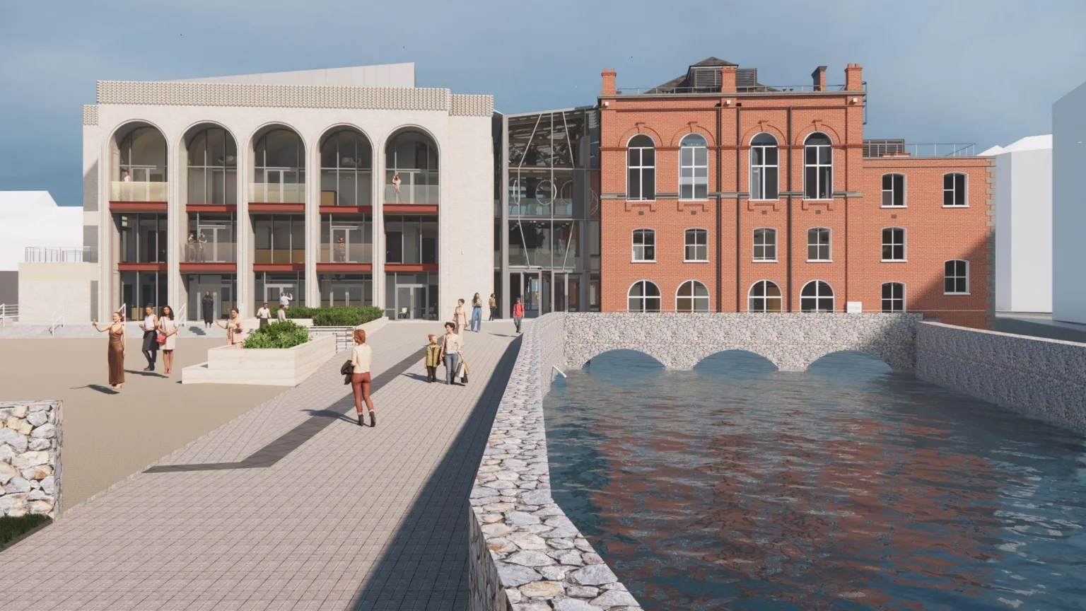 Newry, Mourne and Down Council A colour illustration of plans for the river bank behind Newry Town Hall and the proposed new conference centre. The images shows a rear view of the red brick town hall, sited on an arched bridge of the river. It is linked by a glass atrium to a new, grey/cream three-storey conference centre with five tall arches on its rear elevation. The land behind the conference centre is a landscaped and paved pedestrian zone with shoppers walking along the river. 