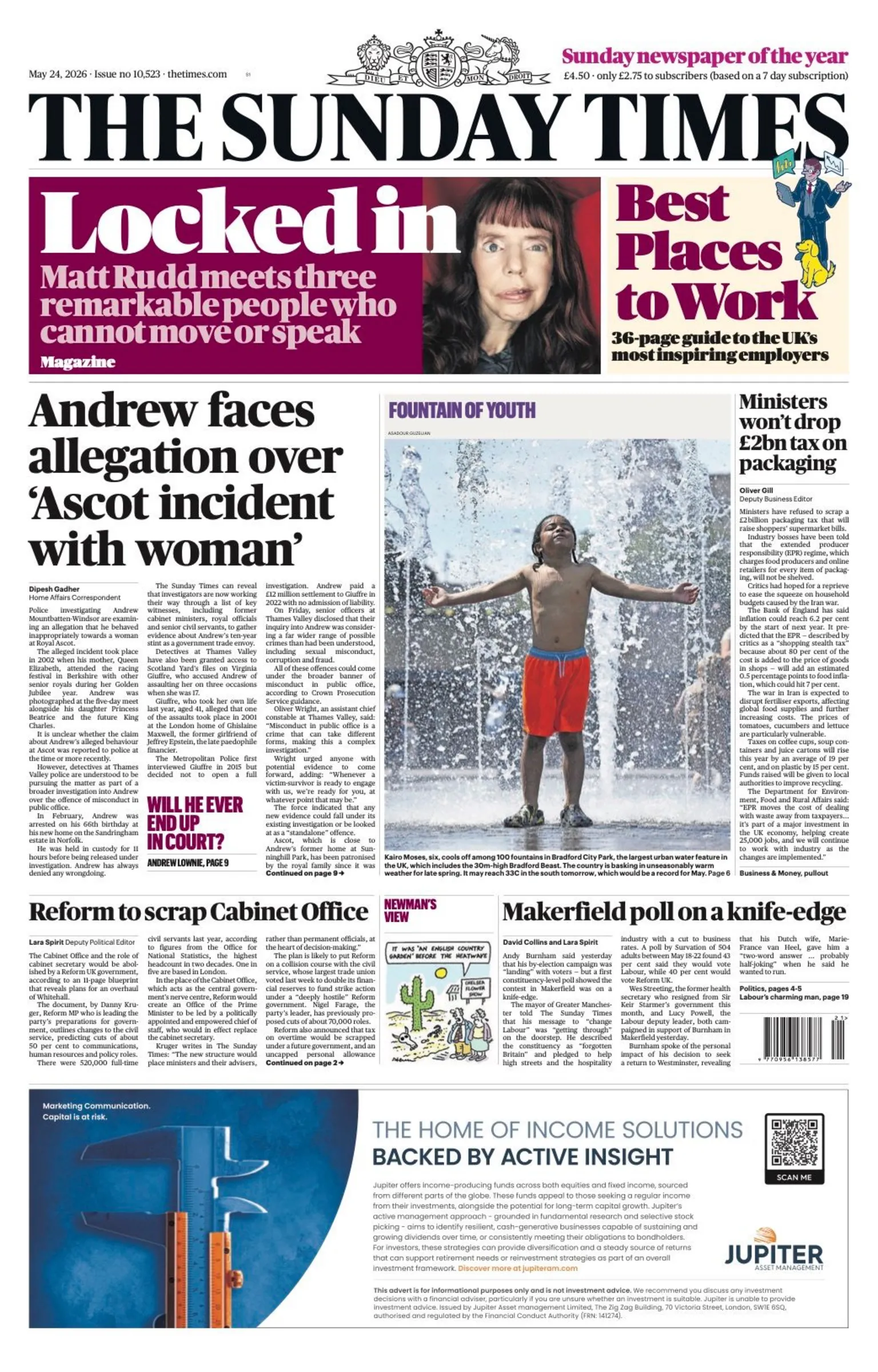 The headline on the front page of the Sunday Times reads: 