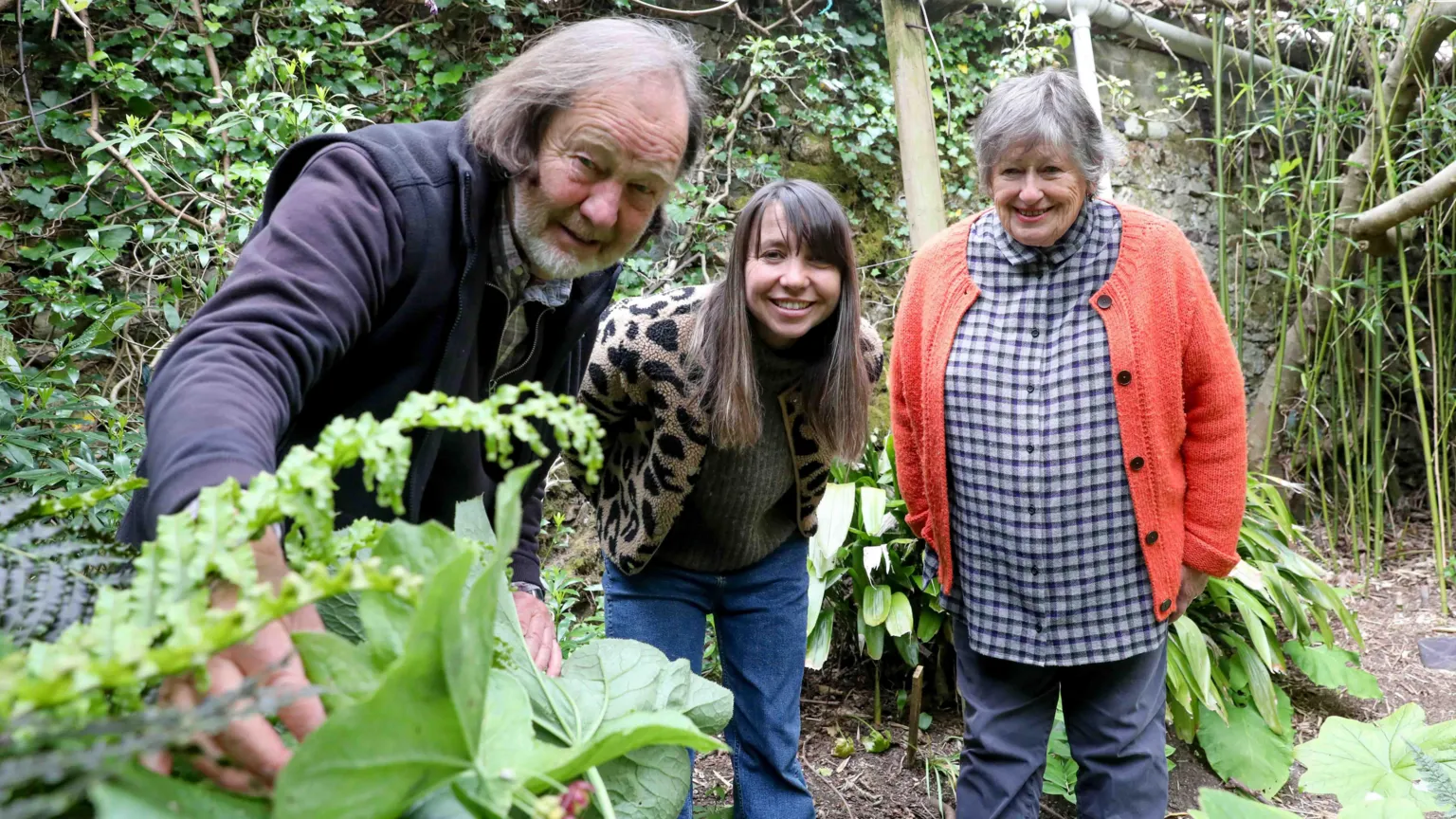 Rick Matthews A man and two women is stood in a row. The man on the left has grey hair and beard, is wearing a black fleece, and is leaned down, touching a green plant. The woman in the middle has long brown hair and is wearing blue jeans and a brown leopard print fleece. The woman on the right is wearing grey jeans, a check shirt and an orange cardigan. She has short grey hair. They are all stood in woodland with shrubbery around them and are smiling as they look at the camera.