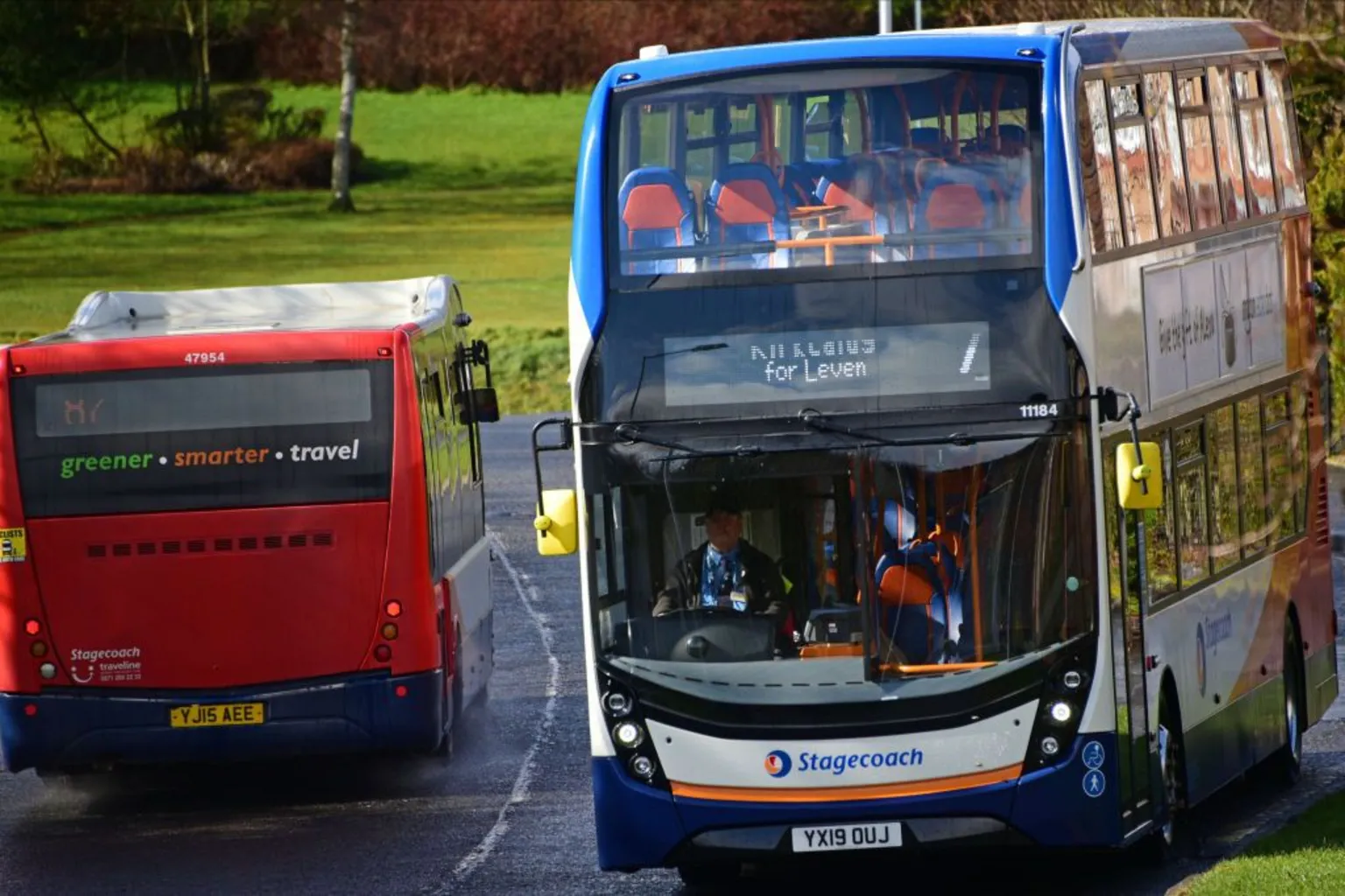  Two Stagecoach buses in Fife passing each other.