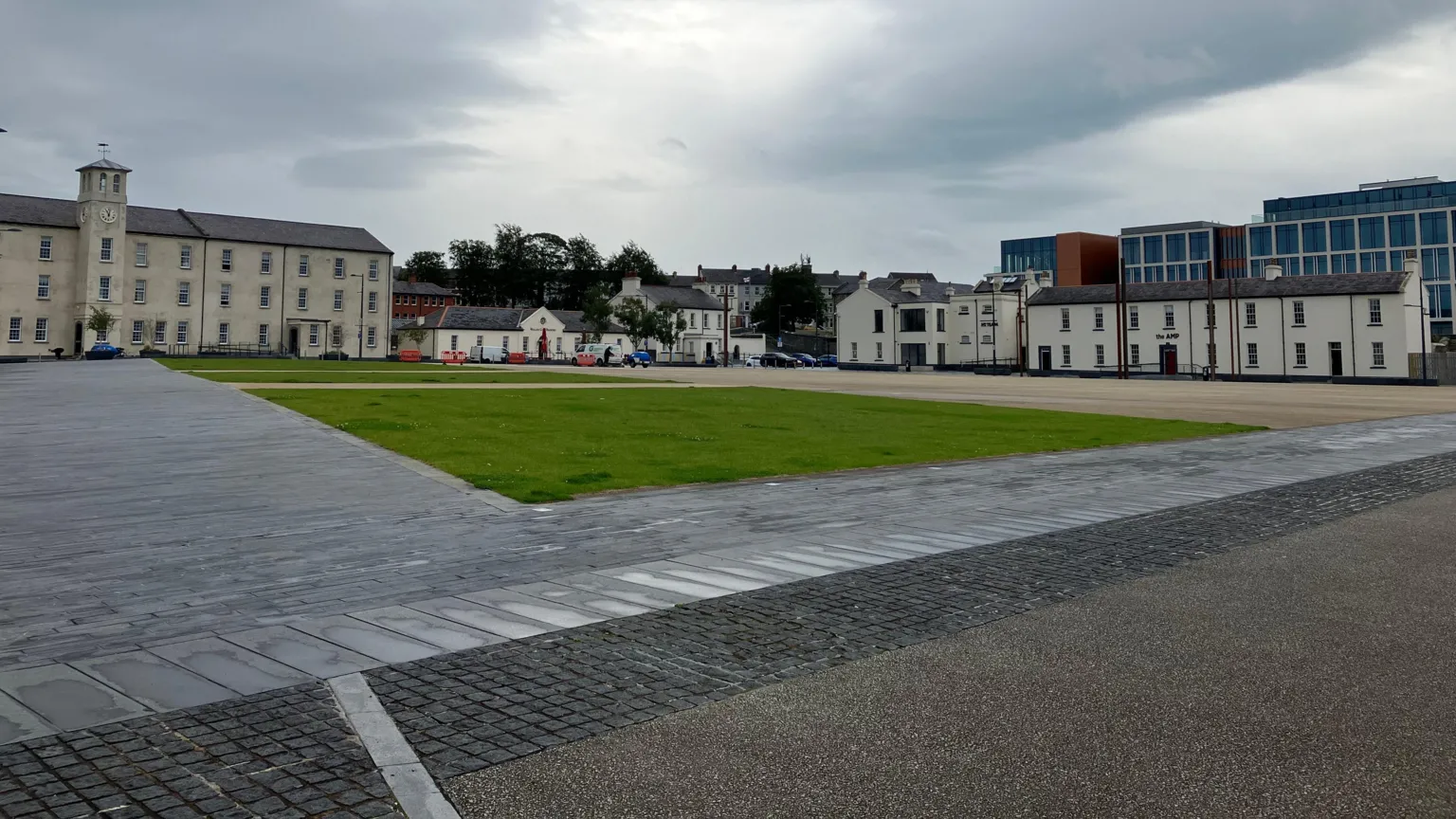 A series of buildings line the perimeter of a civic square at Ebrington in Derry