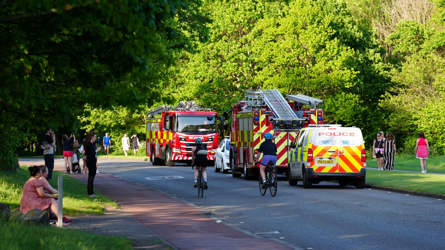 fire engines and a police van in the park