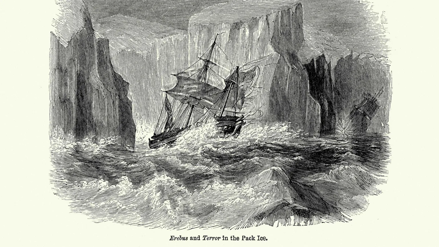 A drawing of the two ships - Erebus in the centre foreground and Terror obscured in the background, in a rough sea surrounded by huge glaciers