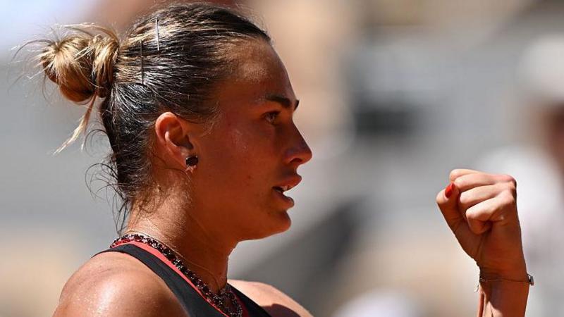 Aryna Sabalenka celebrates winning a point during her match against Jessica Bouzas Maneiro