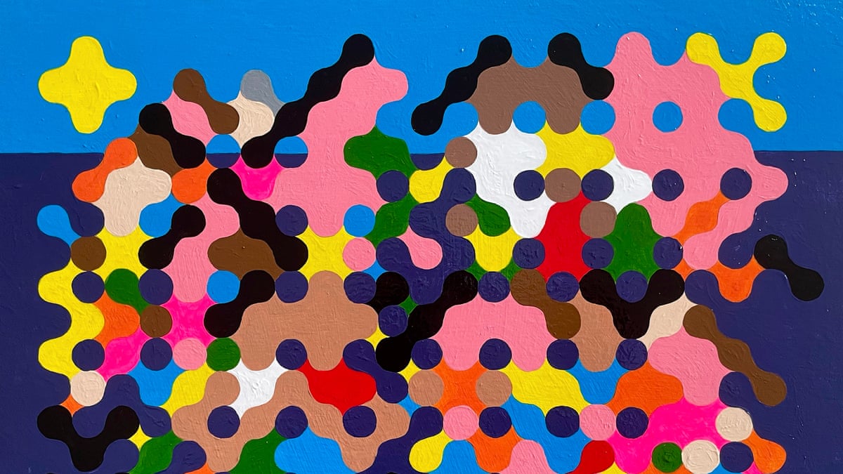 Abstract painting of interconnected characters.