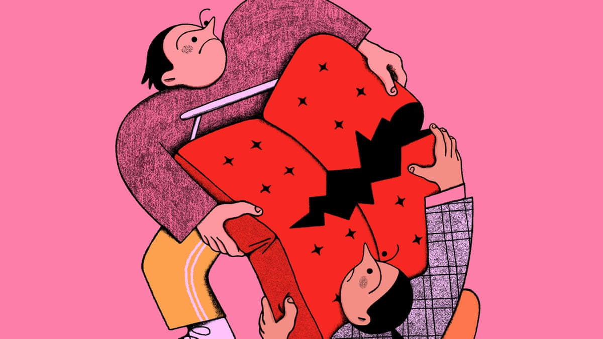 Illustration of couple arguing over furniture.