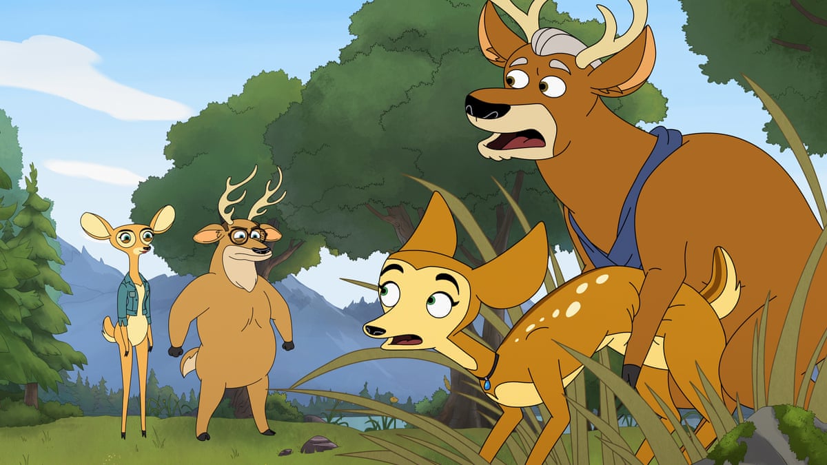 A cartoon image of stags and does fronting each other up
