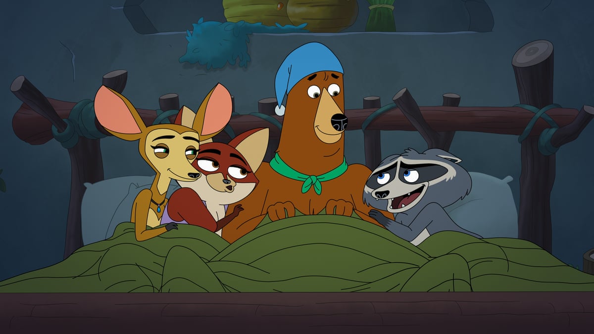 A group of animated animals snuggled in bed together