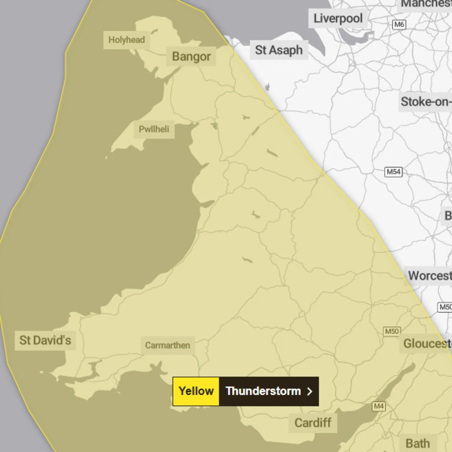 Met Office A map showing Wales and England and a yellow area covering the majority of Wales and parts of England.