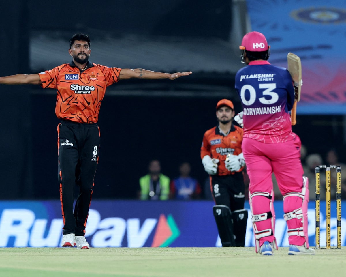 Sunrisers Hyderabad’s Praful Hinge celebrates after removing Vaibhav Sooryavanshi just short of a century.