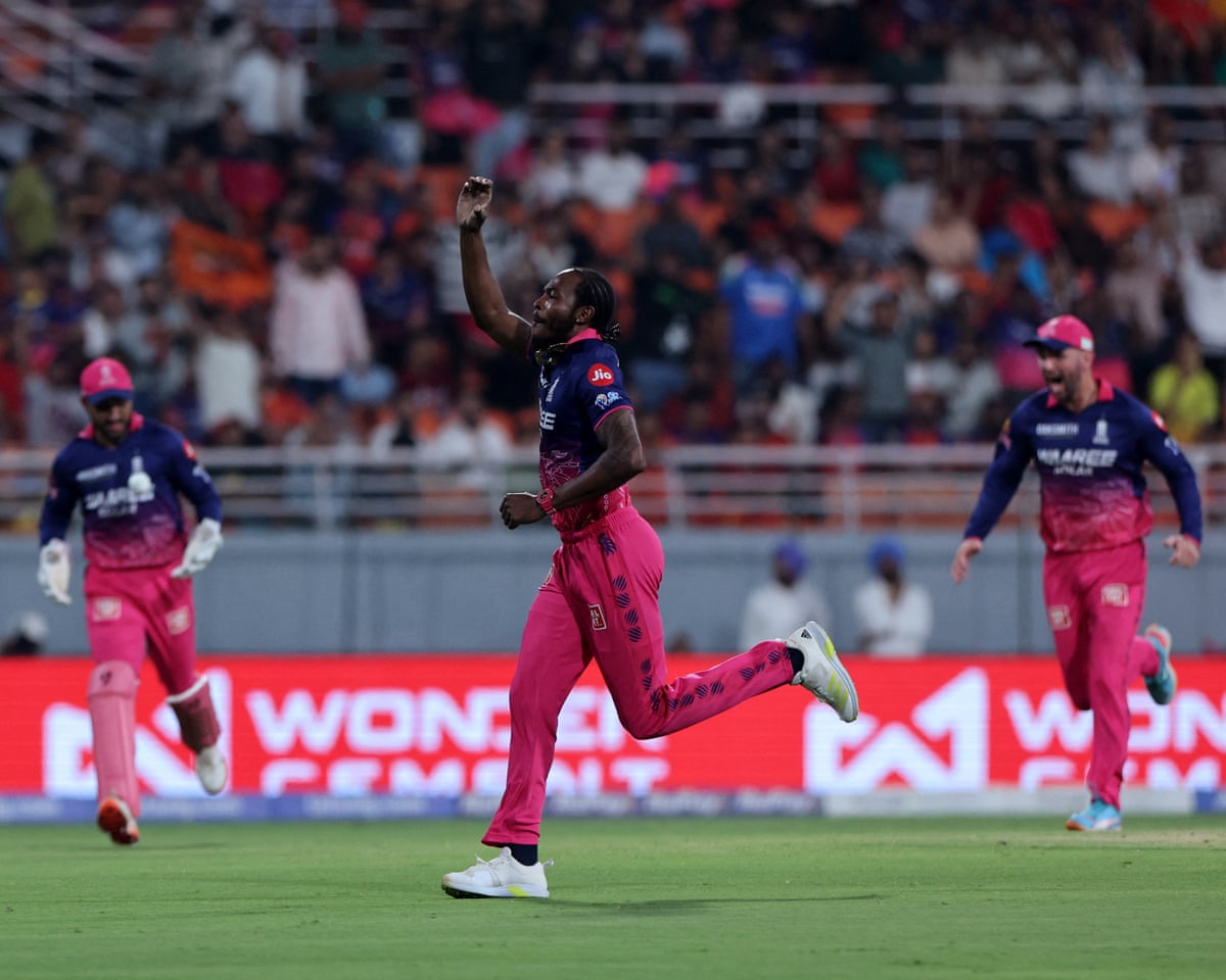 Rajasthan’s Jofra Archer celebrates the wicket of Sunrisers batter Abhishek Sharma.