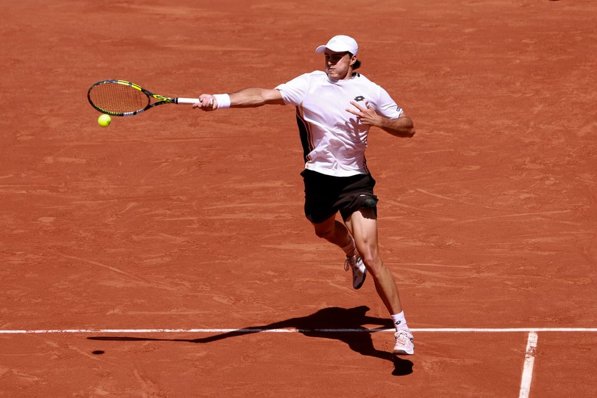 Australian wildcard Adam Walton plays a forehand against Daniil Medvedev in the first round of the 2026 French Open