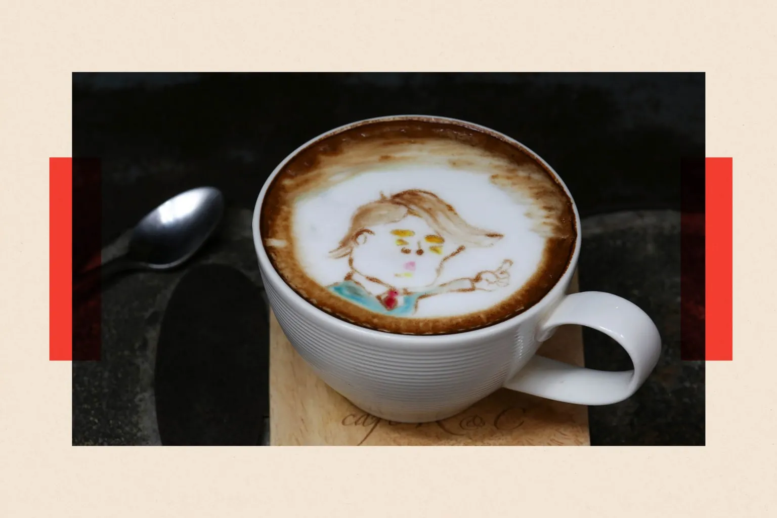 A coffee in a mug, with an imprint of Donald Trump in the foam
