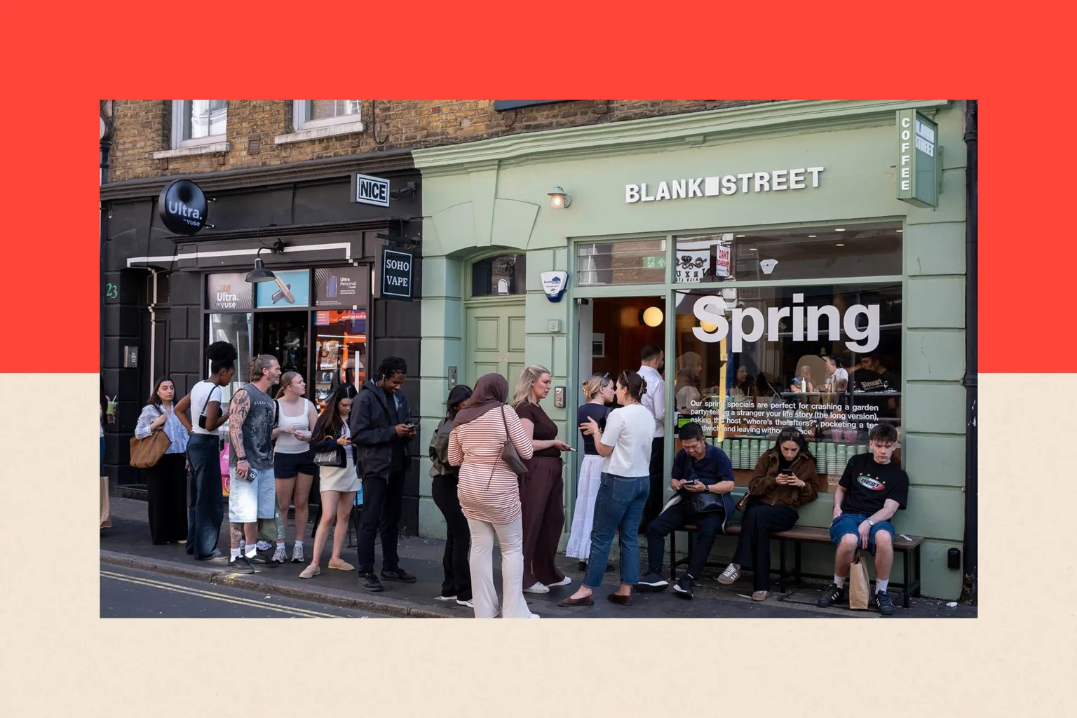 In Pictures/ Customers sit outside a cafe Blank Street Coffee in Soho