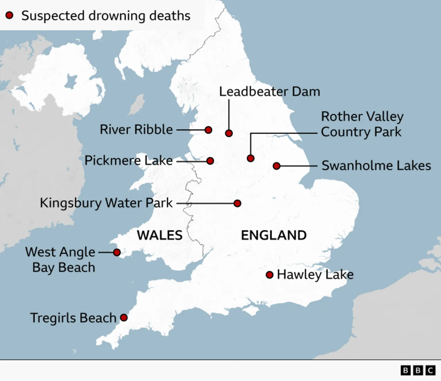 Map showing the locations where people have drowned in the water during the heatwave.