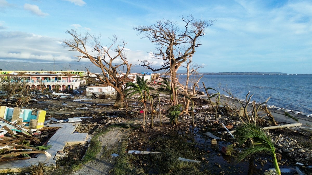 A stretch of coast destroyed by hurricane. Some houses and flattened, tres ripped up and debris is strewn everywhere.