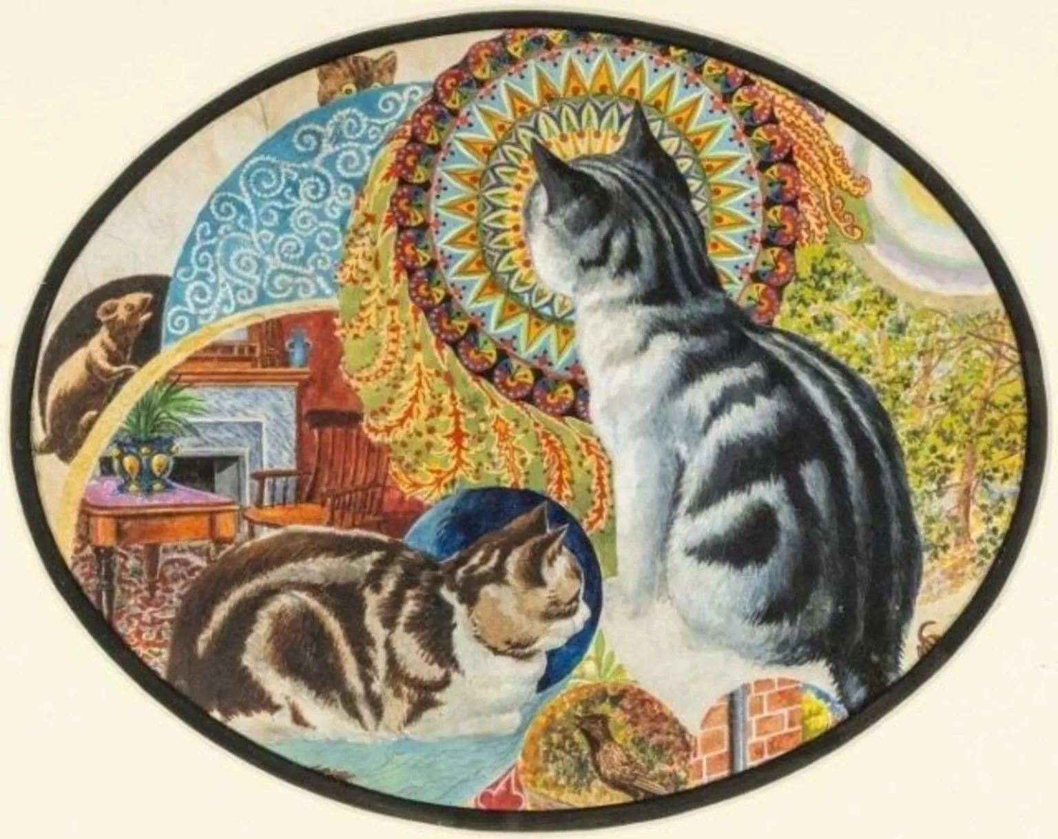 Rogers Jones Auctioneers Louis Wain's painting of two cats; one is grey, black and white in colour. It is sitting with its back to the viewer. The other is brown in colour. It is lying down, side on to the viewer. The grey cat is looking towards a mouse-like creature. The viewer cannot see what the other cat is gazing towards
