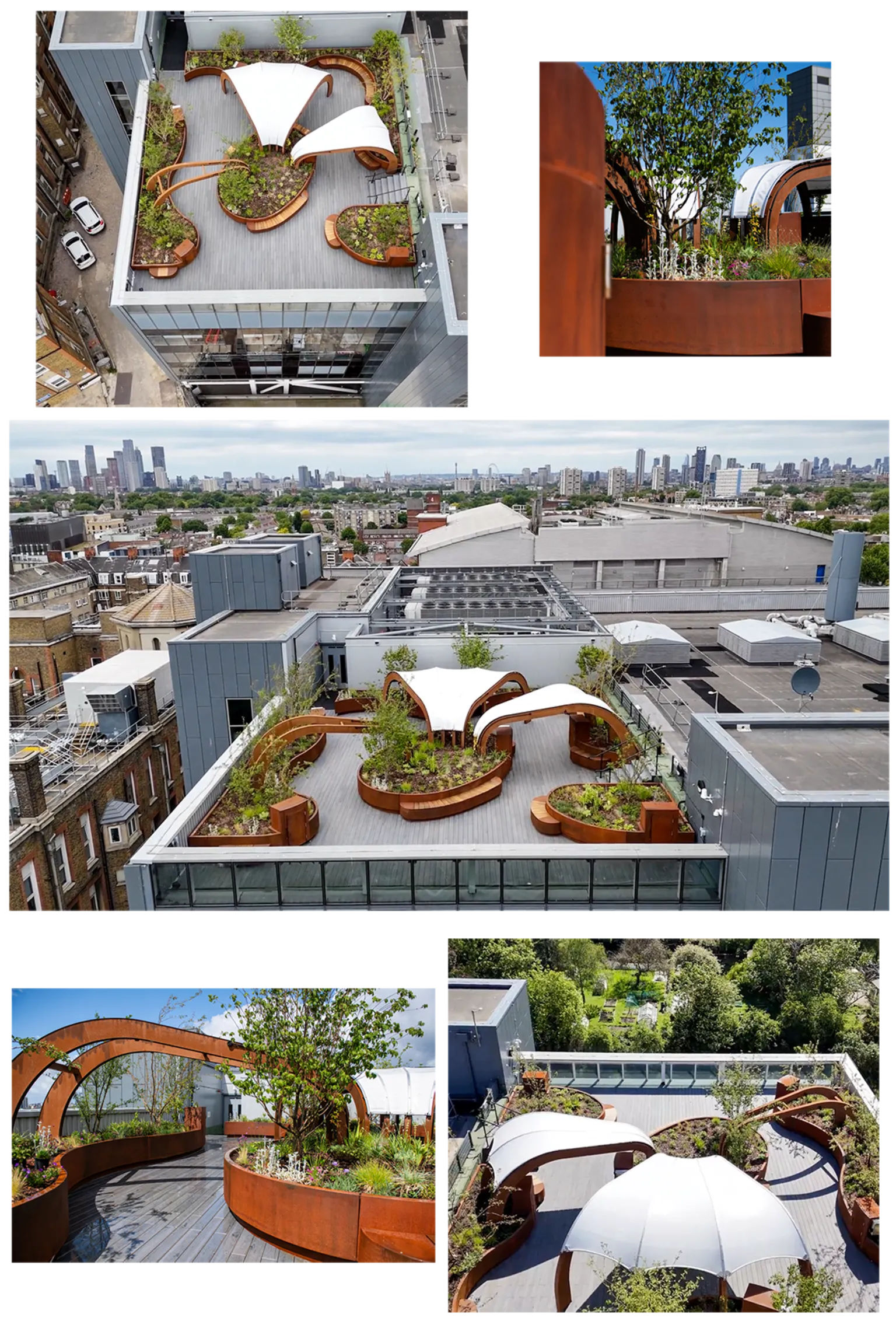 Ariel shots from a drone, combined with other photographs, show the canopies on the rooftop intensive care ward of King's College Hospital, south London