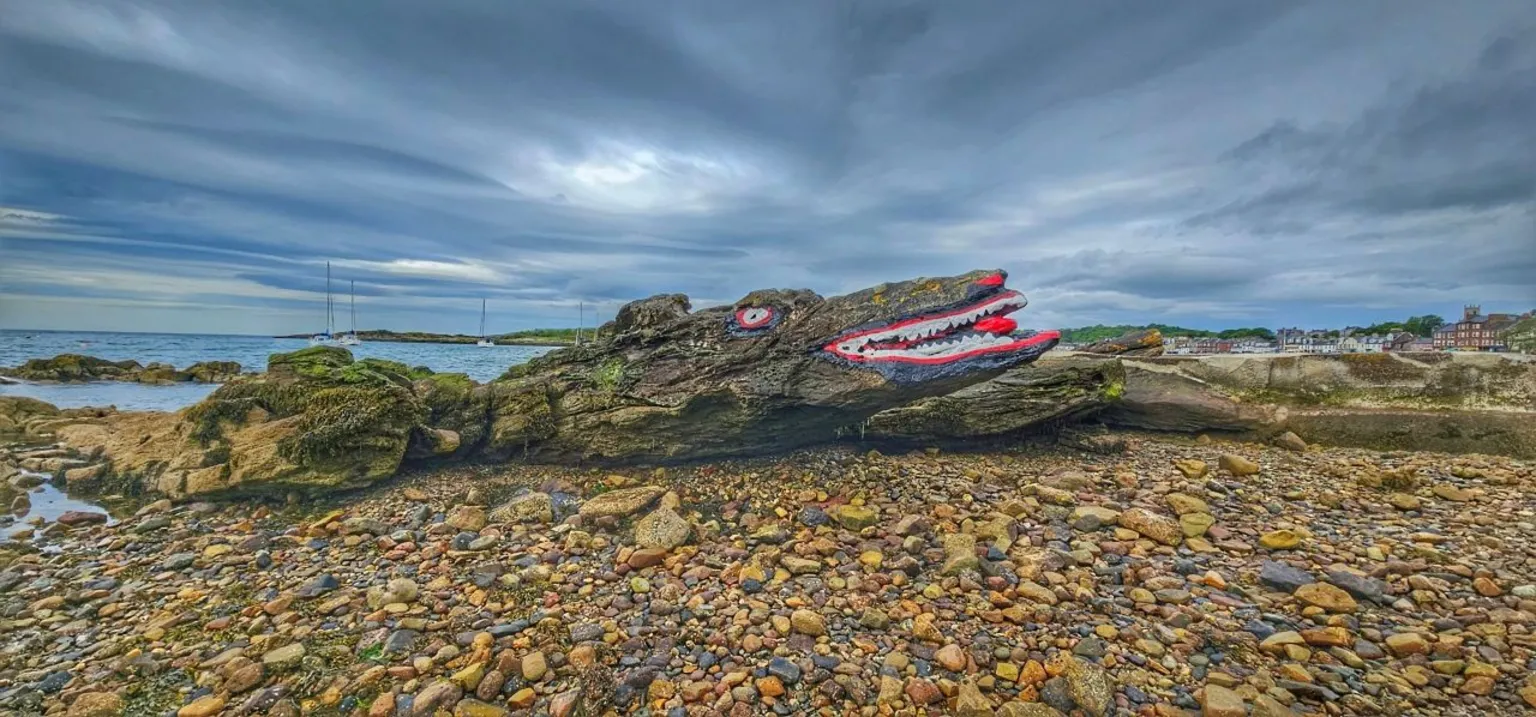 Mangela Coia The face of a crocodile painted onto a long rock on a pebble beach