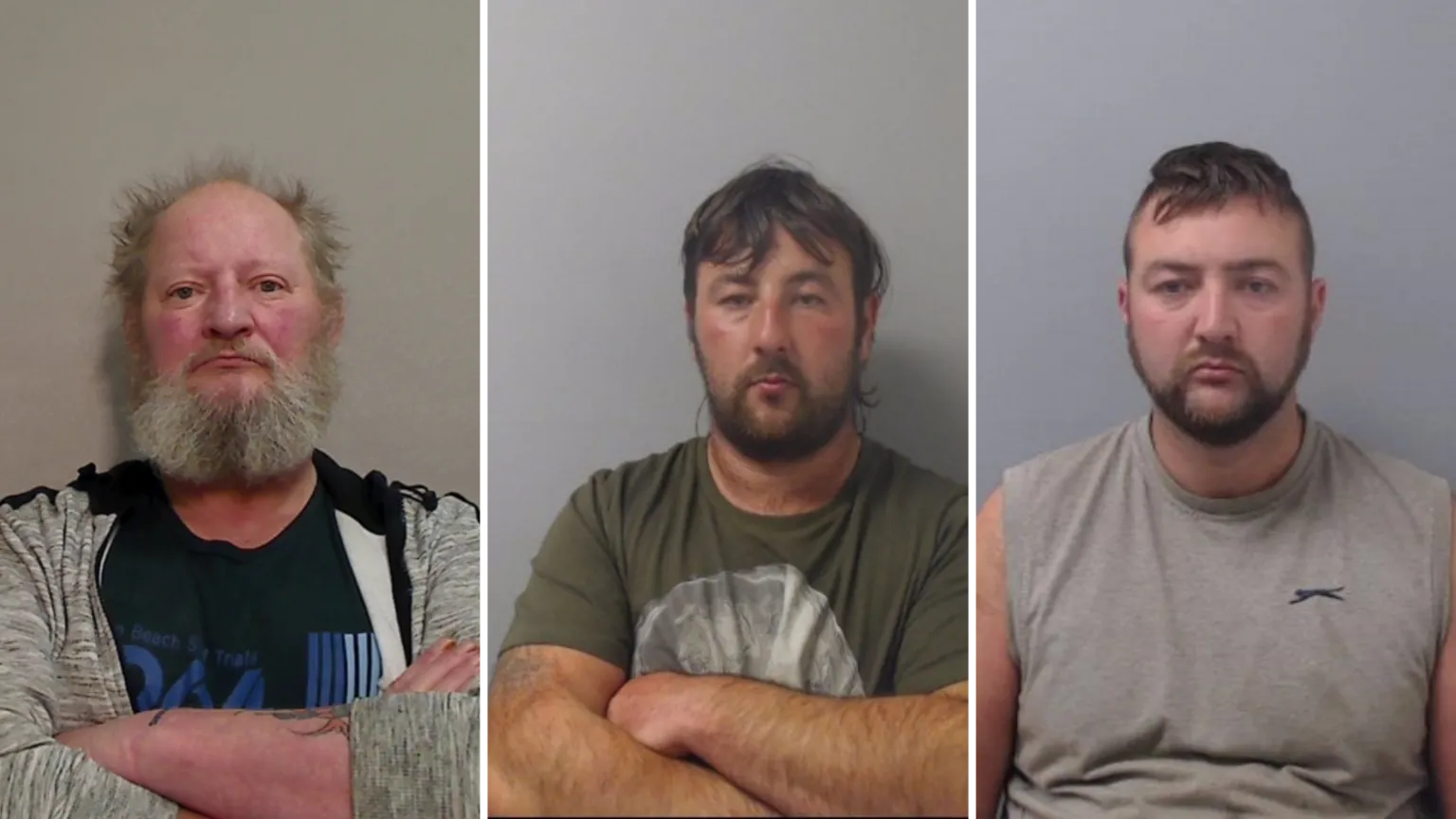 PSNI Composite custody image of (left to right) David Austin, Stephen McCook and Brian McCook. David Austin has grey hair and long beard, wearing a grey zip-up hoody and black t-shirt with his arms folded. Stephen McCook has brown hair and beard, wearing a khaki green t-shirt with his arms folded. Brian McCook has short brown hair and beard, wearing a grey sleeveless t-shirt.