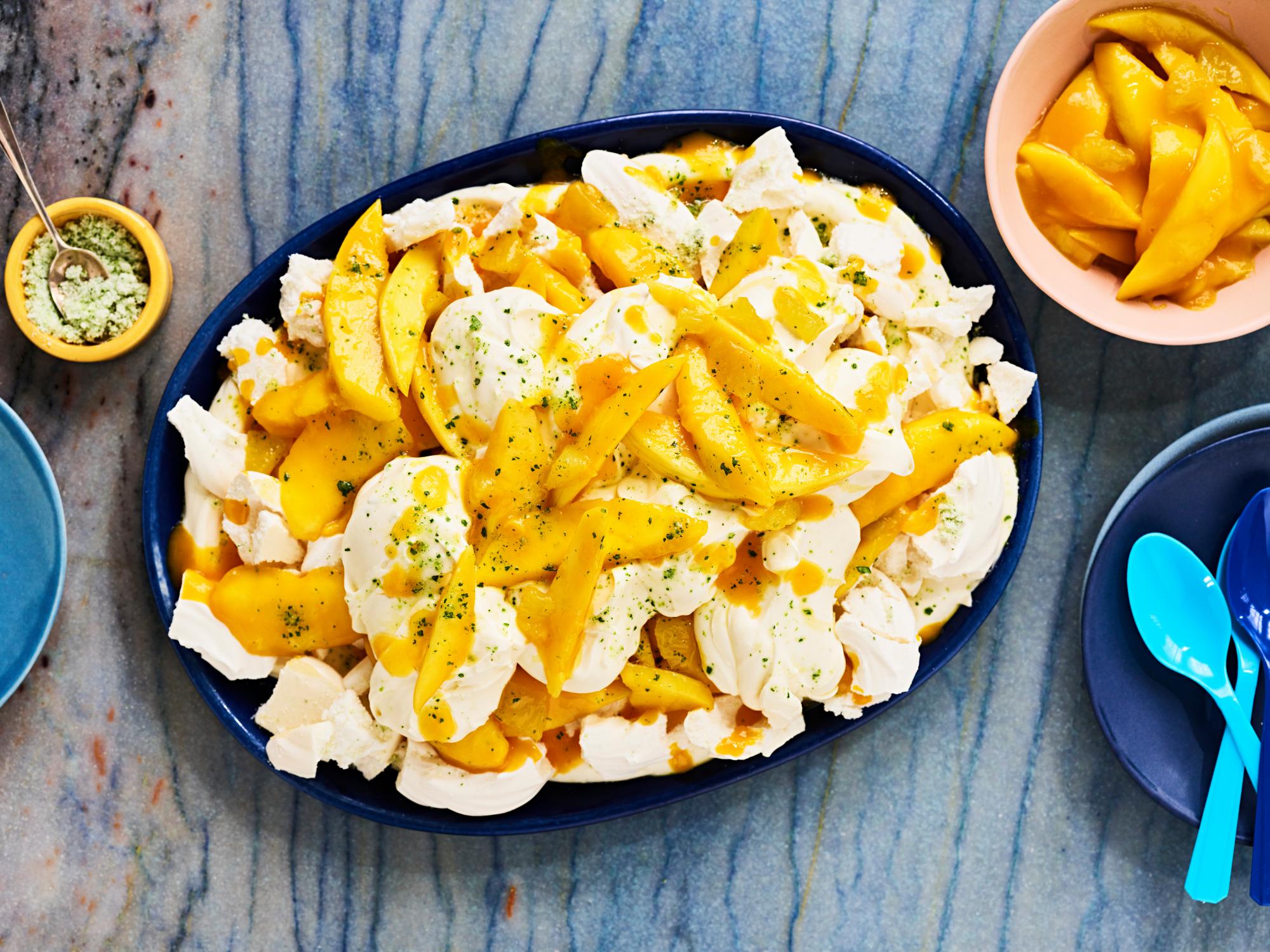 Mango mess with yoghurt cream and lime leaf sugar