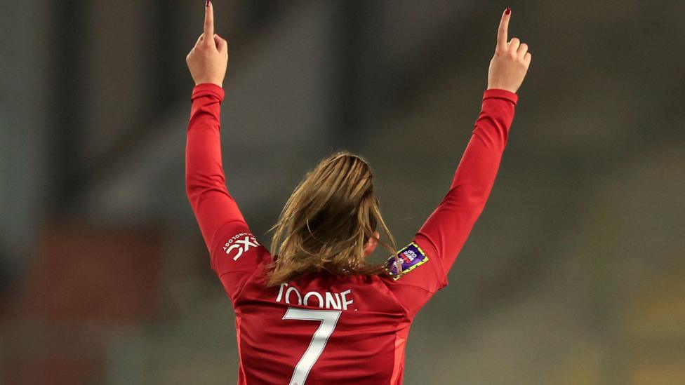 Ella Toone pointing skywards after scoring for Manchester United against West Brom