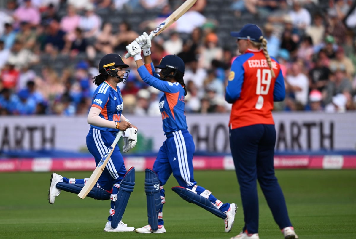 Yastikaa Bhatia walks off after being retired out during India’s second T20 international against England.