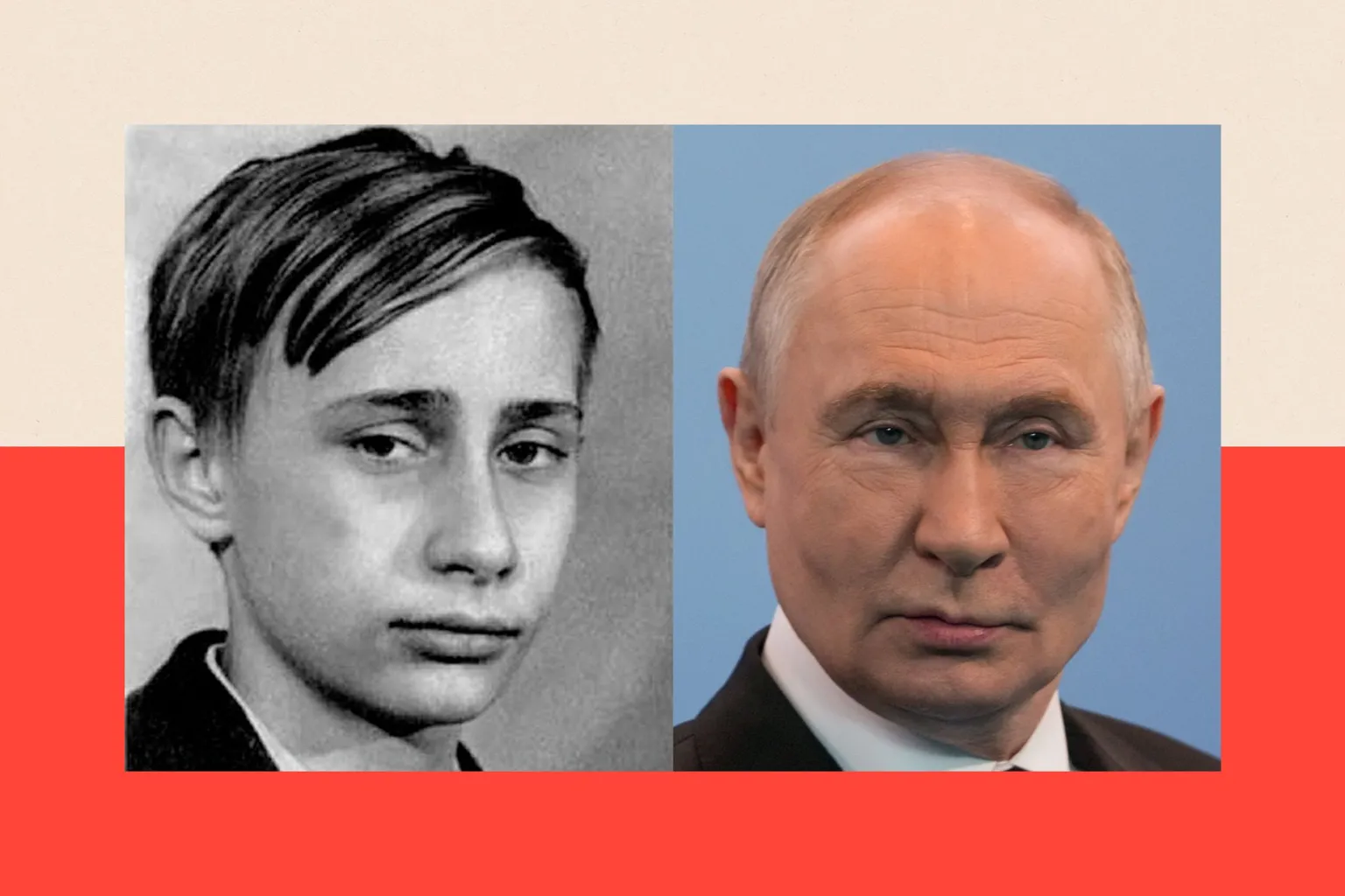 Shutterstock / A black-and-white photo of Putin as a boy on the left, and a colour photograph of Putin in the modern day on the right.