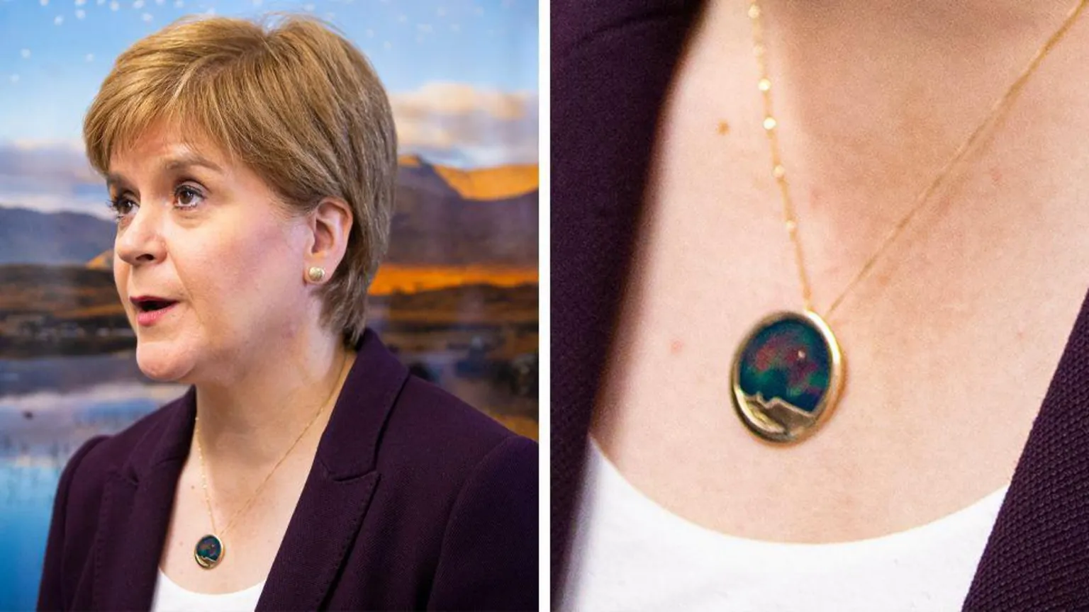  A composite image of Nicola Sturgeon wearing a necklace with a large gold pendant, inlaid with blues, reds and greens. There is a close up of the necklace on the right hand side.