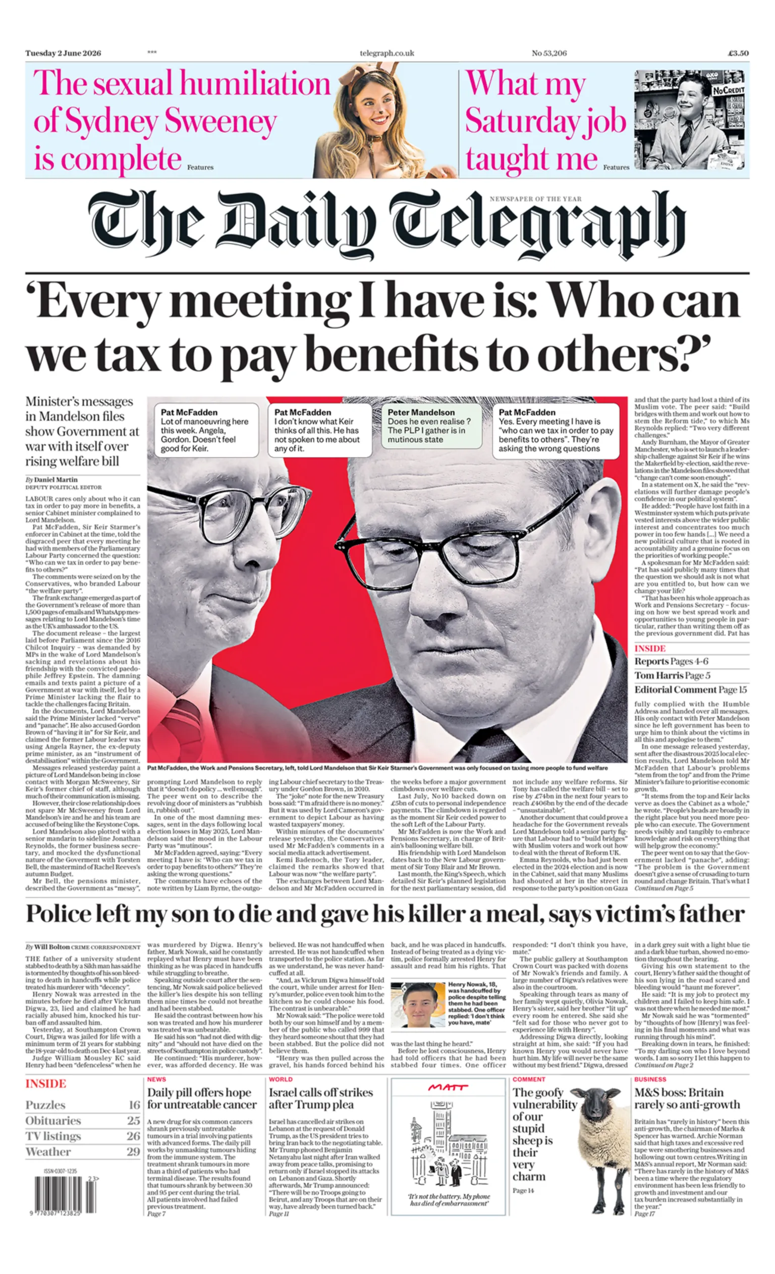 The Daily Telegraph headline is 