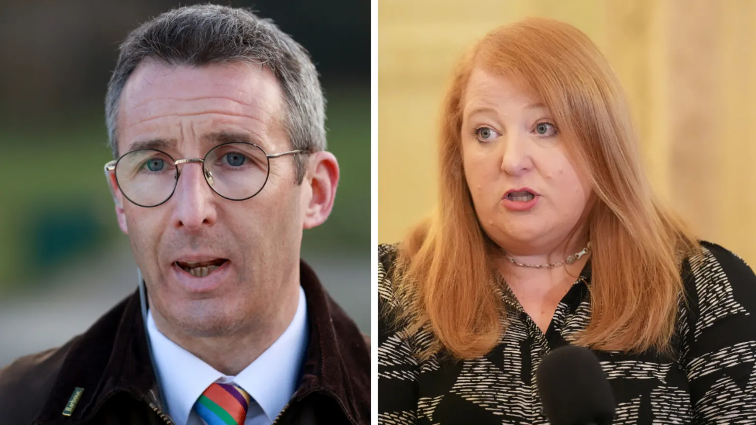 Composite image of Andrew Muir and Naomi Long. Andrew has shirt grey-ish hair, wearing glasses, and brown coat, white shirt and multi-coloured tie. Naomi has long ginger hair, wearing a necklace and black and white blouse.