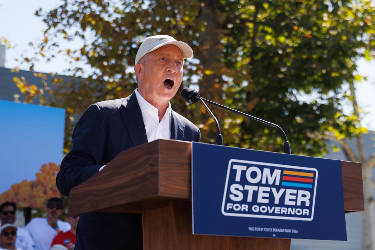 Tom Steyer speaks at a rally at Los Angeles Trade Technical College on Sunday, May 31, 2026.
