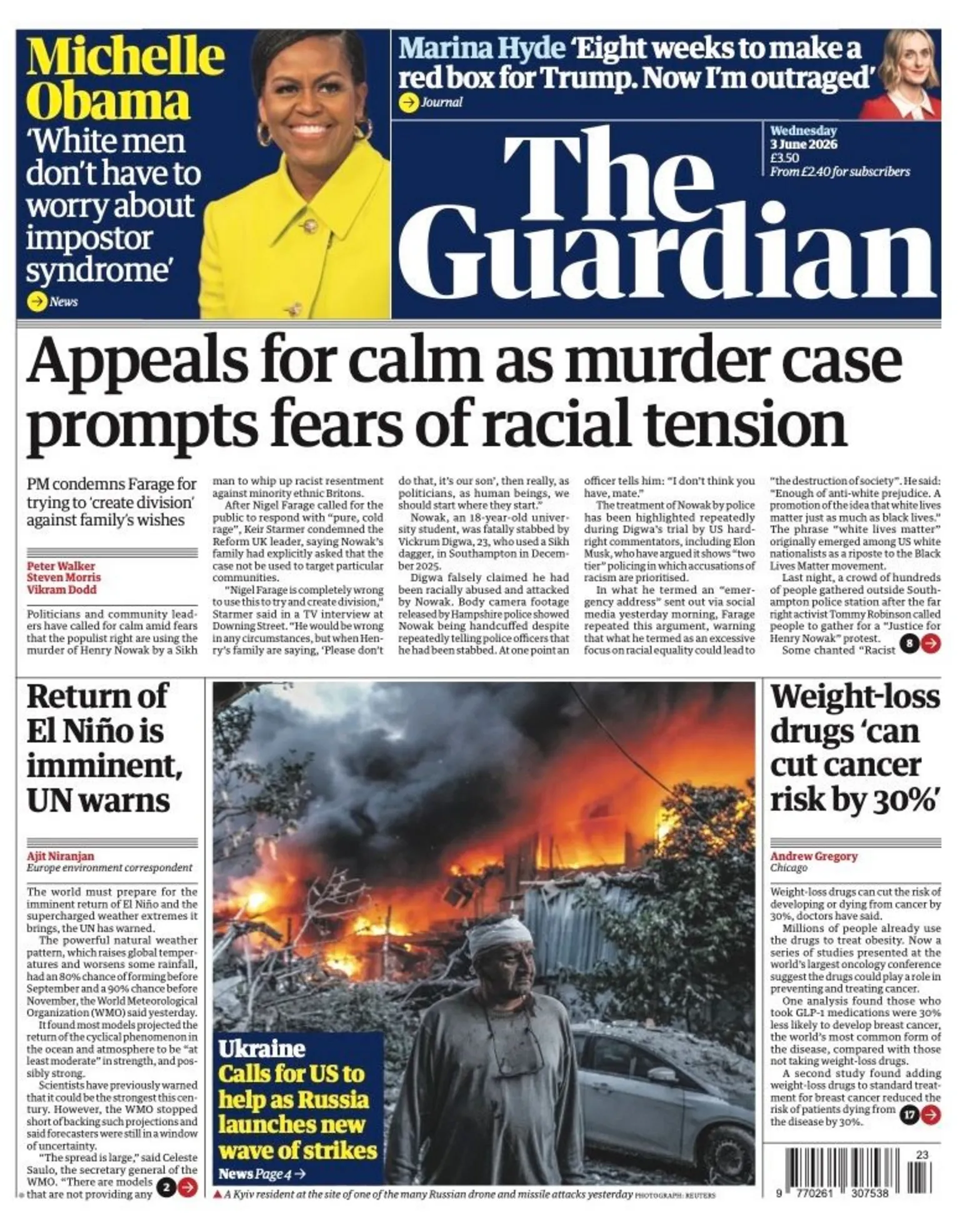 The headline on the front page of reads: “Appeals for calm as murder case prompts fears of racial tension”.