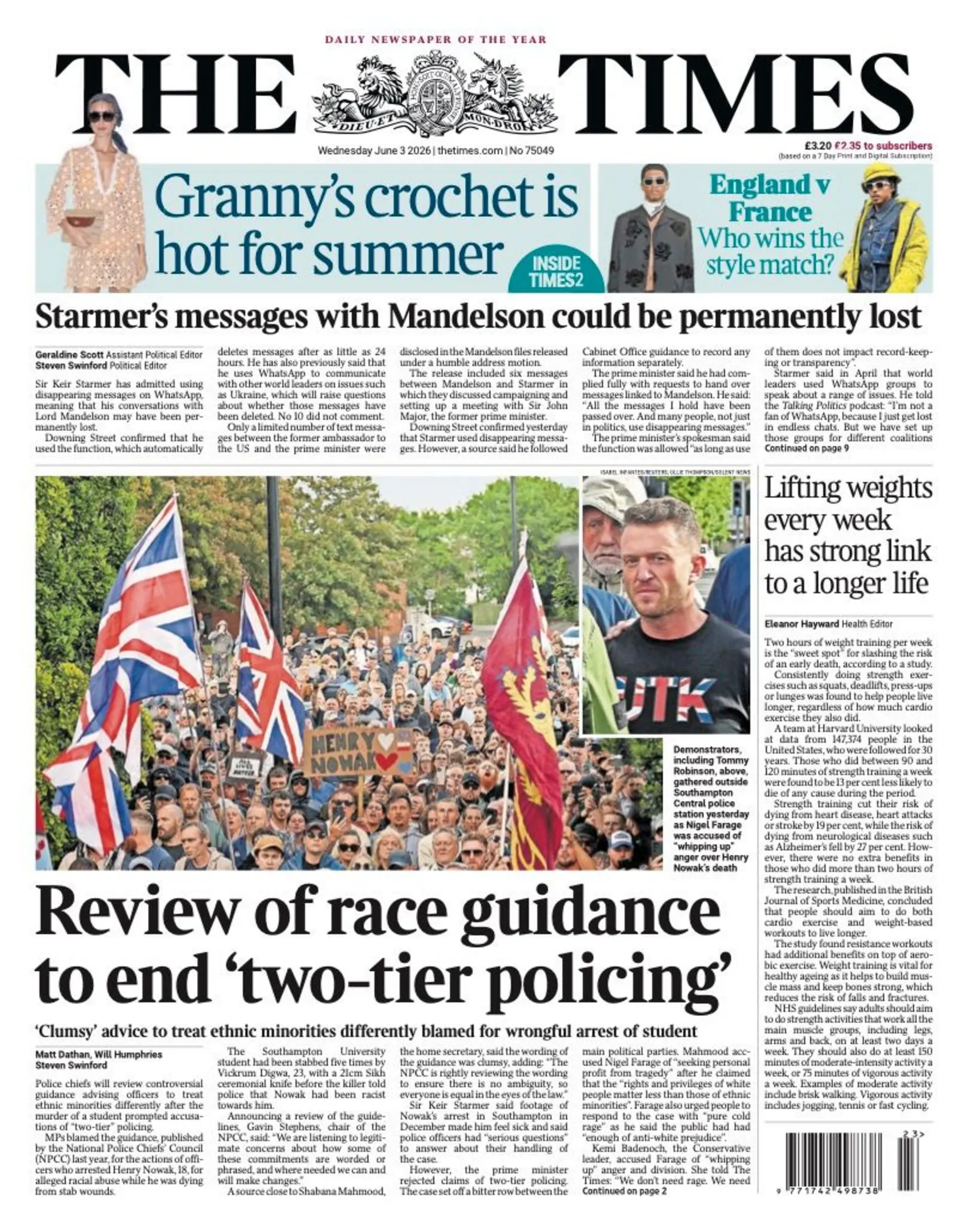 The headline on the front page of the Times reads: “Review of race guidance to end 'two-tier policing'”.