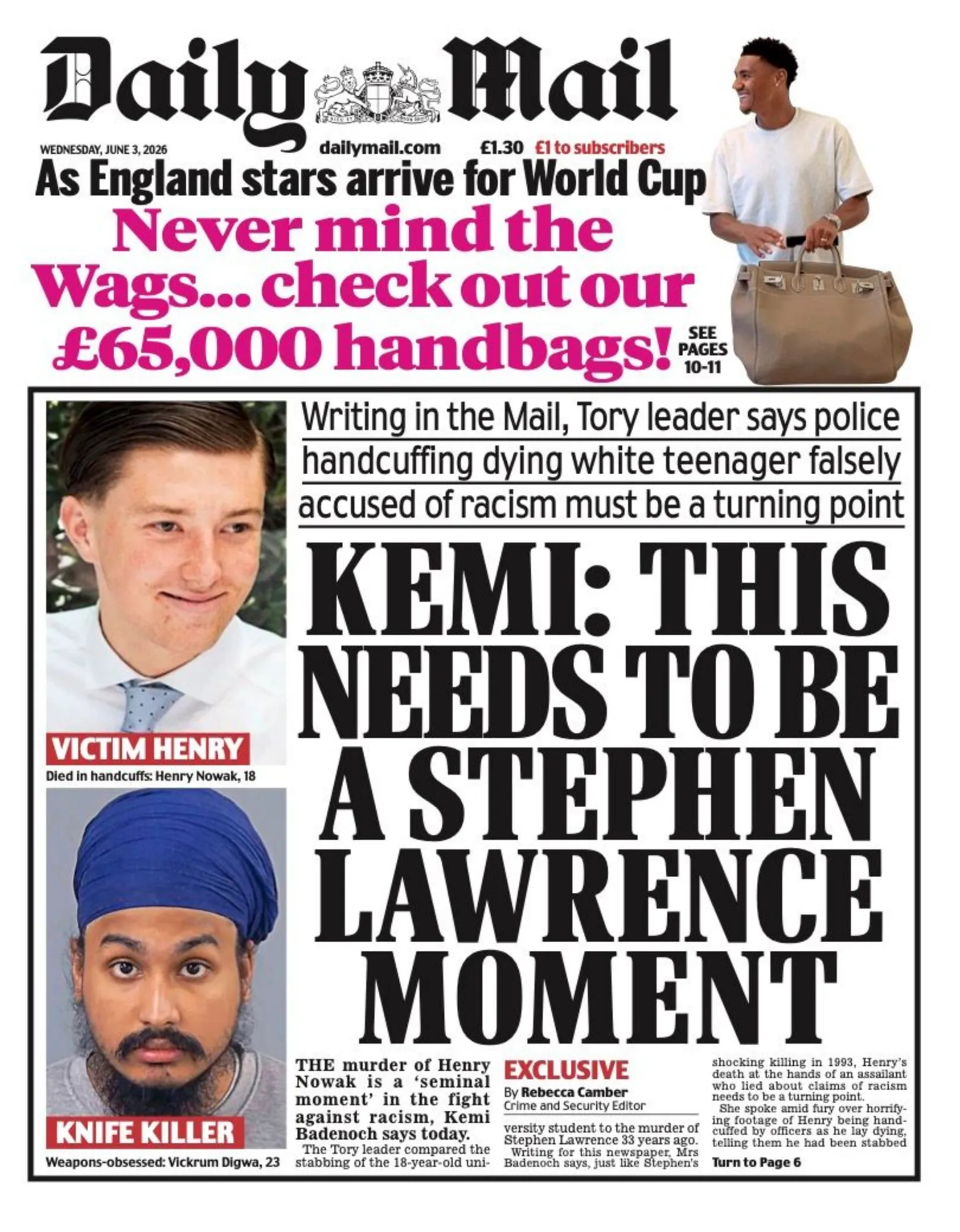 The headline on the front page of the Daily Mail reads: “Kemi: This needs to be a Stephen Lawrence moment”.