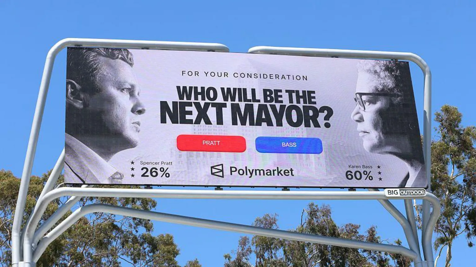  A Polymarket billboard in Los Angeles in May 2026 asks the question: 