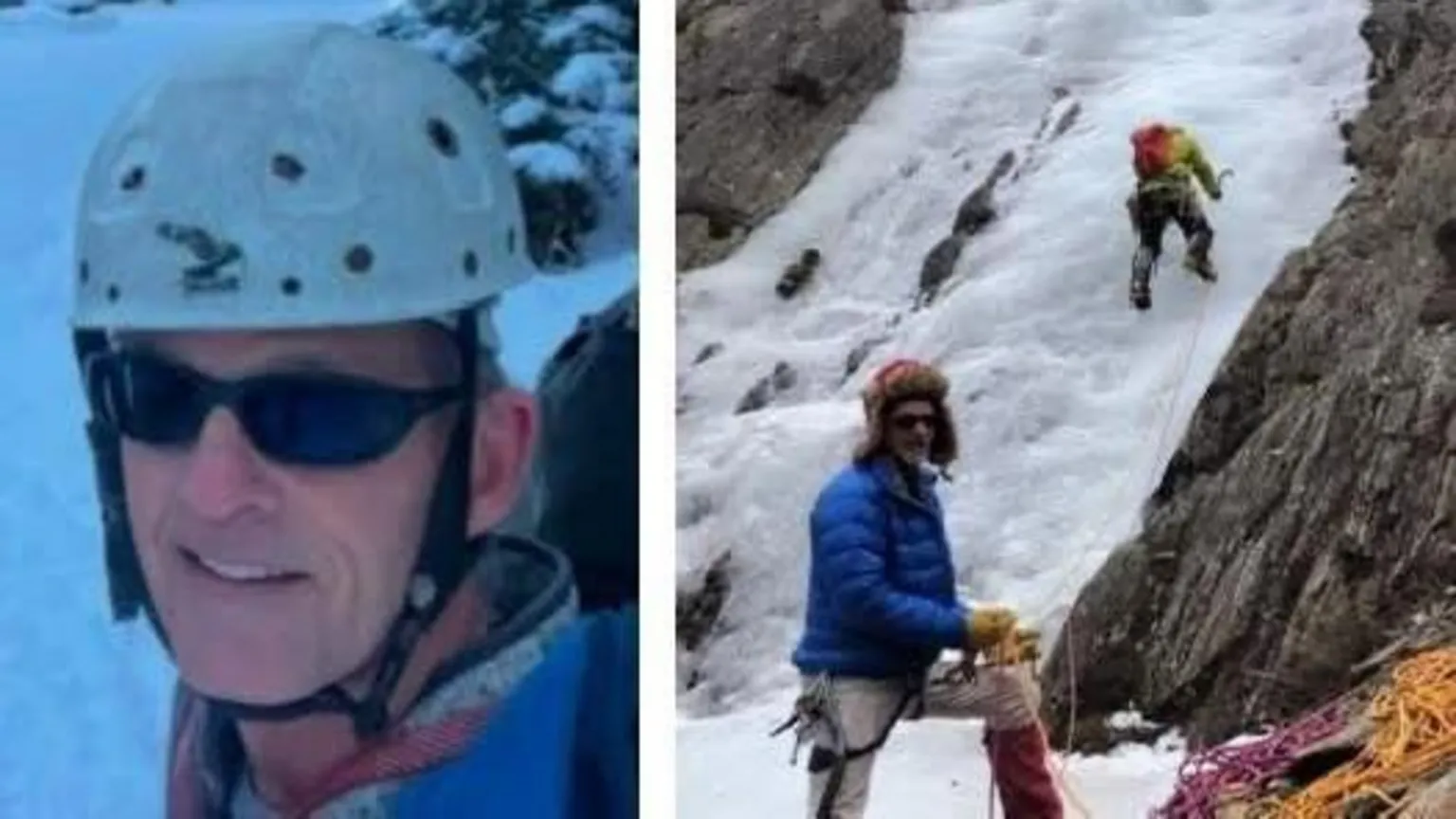 Police Scotland A composite image of a man wearing outdoor gear, one is a close up while he wears sunglasses, the other is in front of a snow rock face with ropes next to him