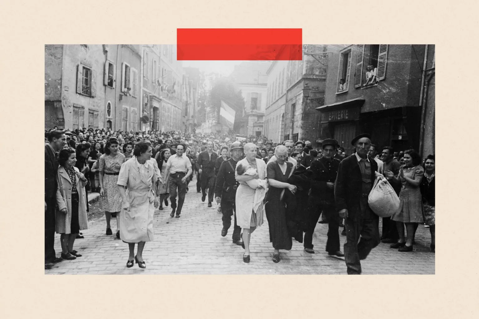  A woman, with her baby, and her mother are jeered and humiliated by crowds in Chartres after having their heads shaved as punishment 
