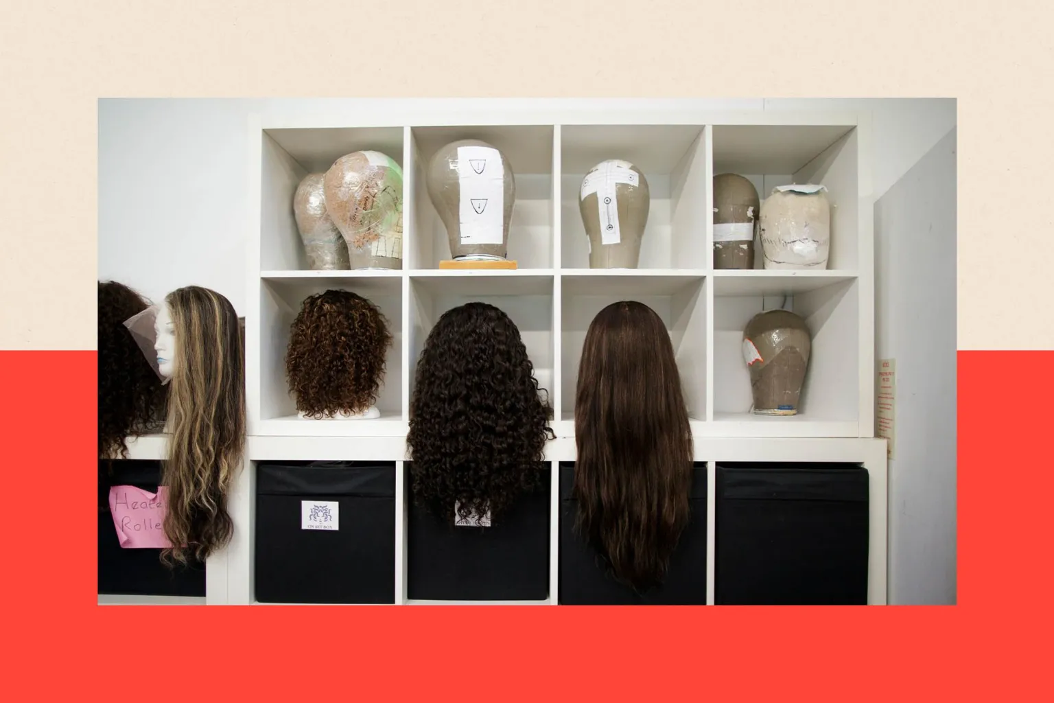 Various wigs are seen in a workshop 