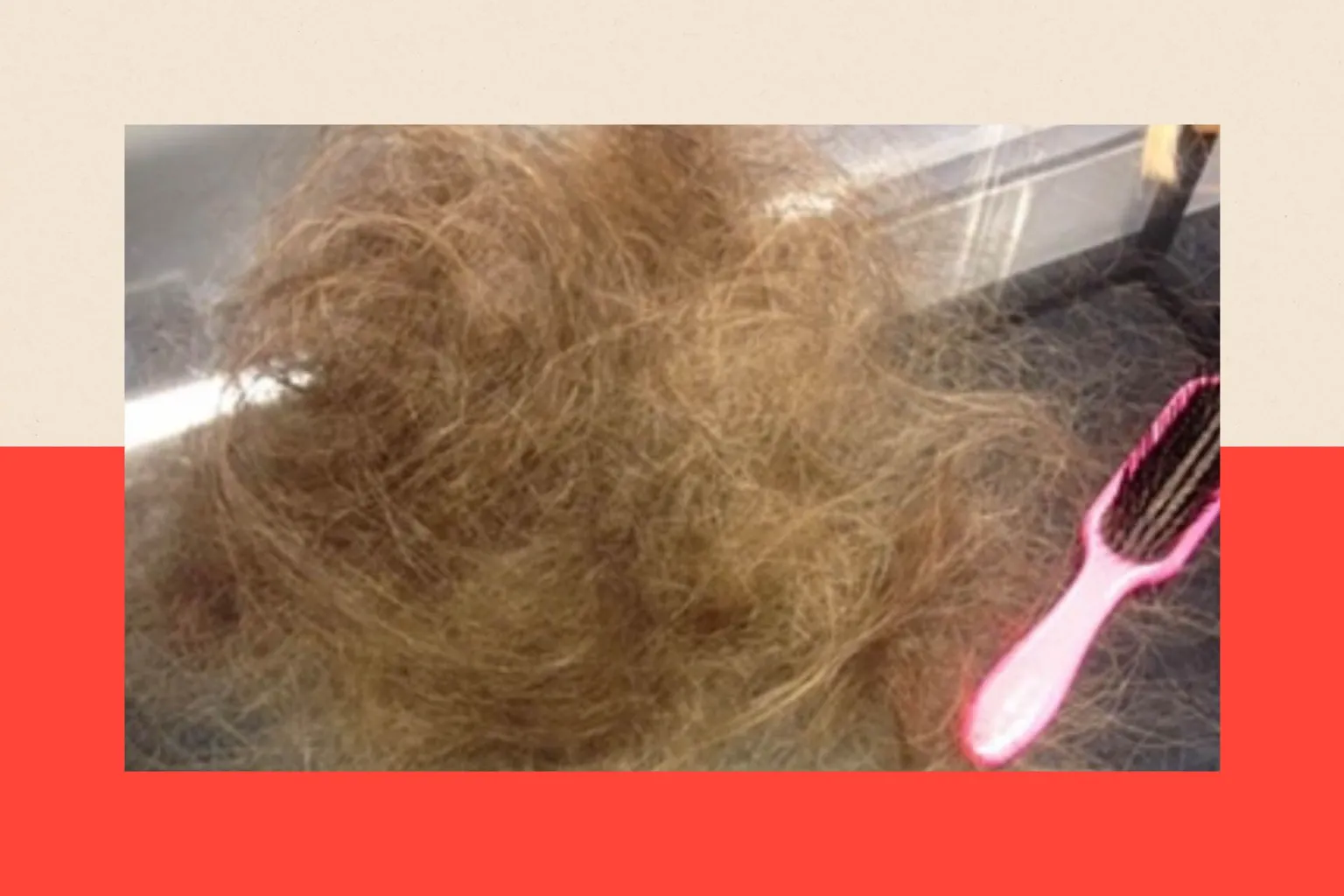 Victoria Derbyshire A pile of Victoria's hair is collected beside a pink hairbrush 