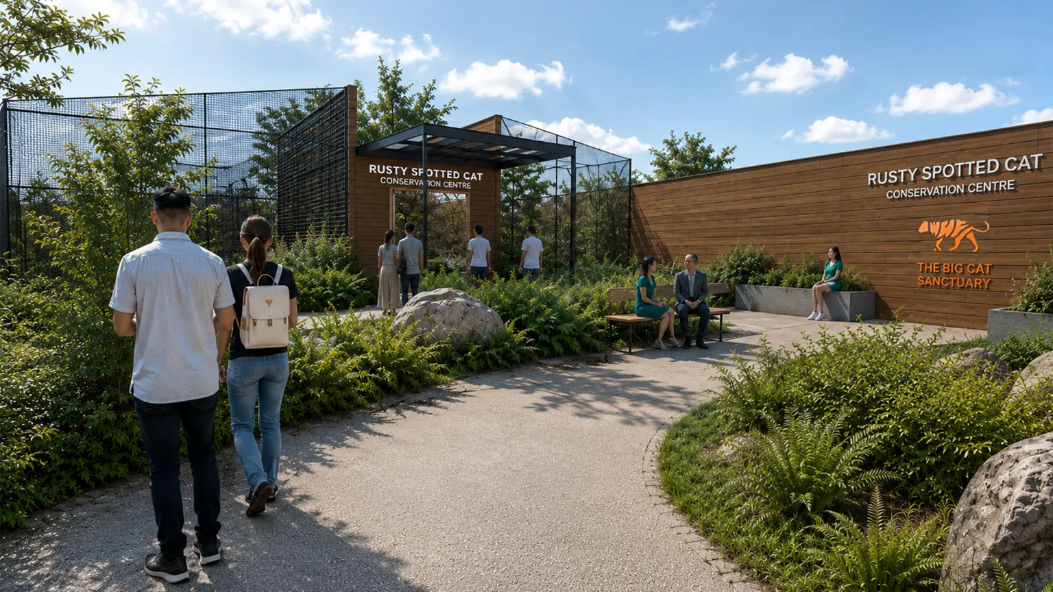 The Big Cat Sanctuary A CGI showing some animal enclosures surrounded by green plants and people walking. A sign reads 
